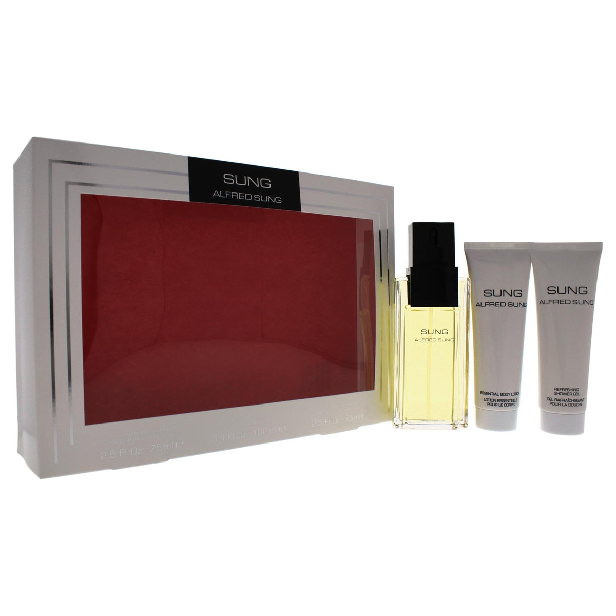 ALFRED SUNG Sung for Women - 3 Pc Gift Set 3.4oz EDT Spray, 2.5oz Essential Body Lotion, 2.5oz Refreshing Shower Gel.(3 Count)