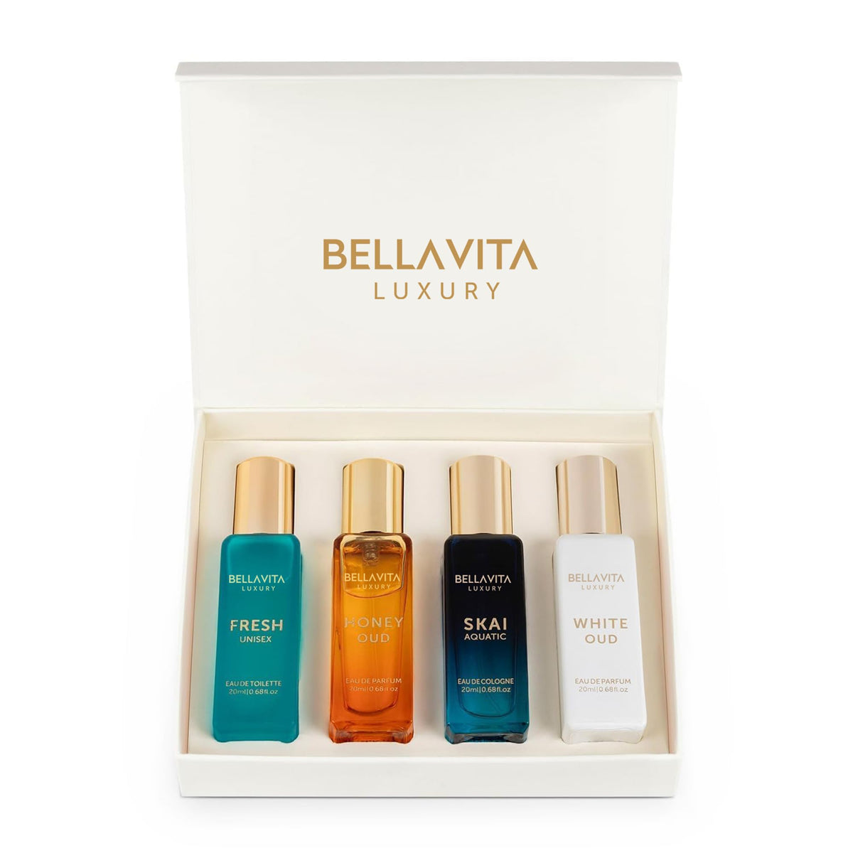 Bellavita Luxury Unisex Perfume Gift Set with Honey  White Oud, Skai,  Fresh | 80ml | Perfume for Men and Women | Honey, Artemisia Lemon, Bergamot,  Sweet Almond Notes(20ML)