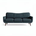 Mid-century modern three-seater sofa with dark blue upholstery and wooden legs