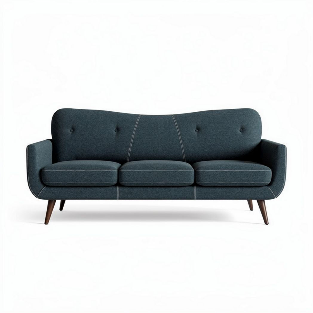 Mid-century modern three-seater sofa with dark blue upholstery and wooden legs