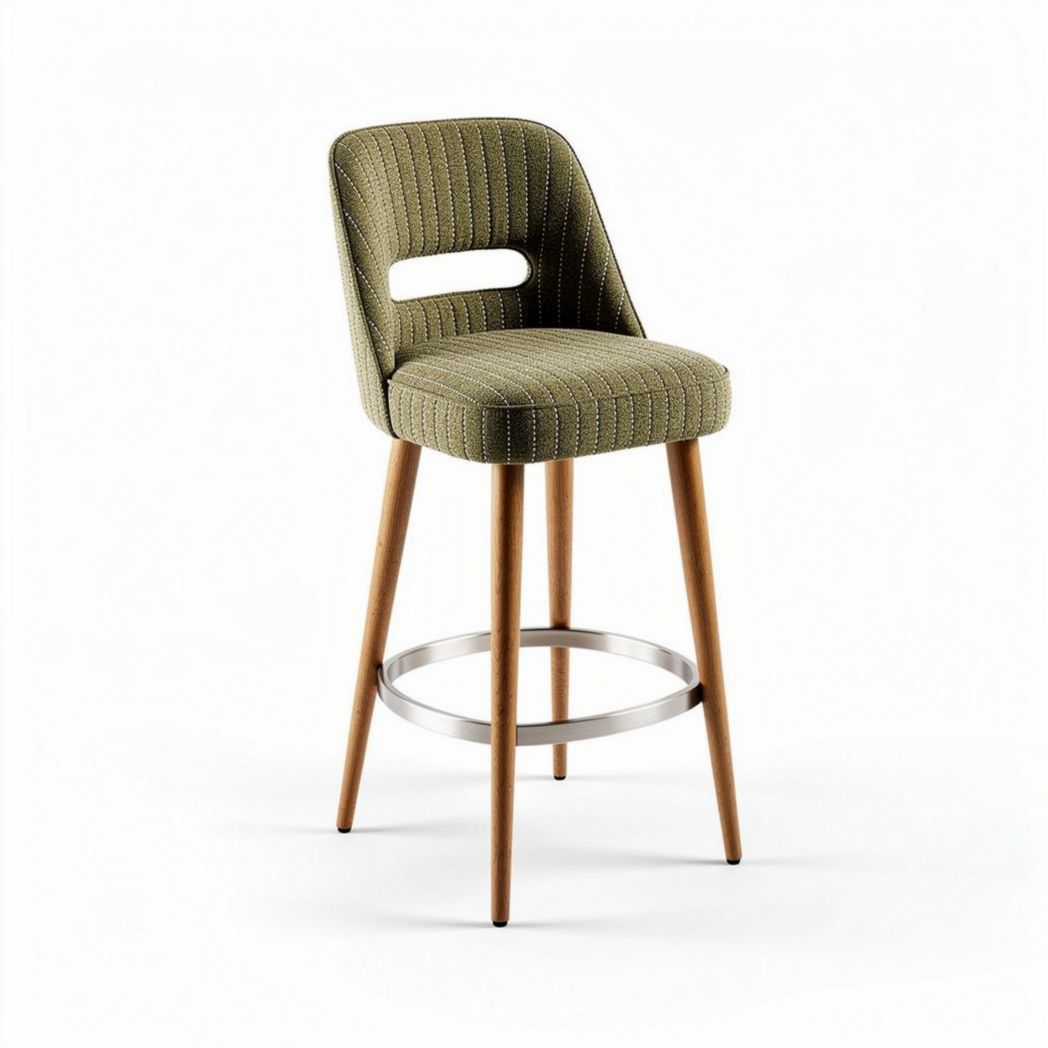 Fabric upholstered bar stool with wood legs and metal footrest 40 x 40 x 95cm