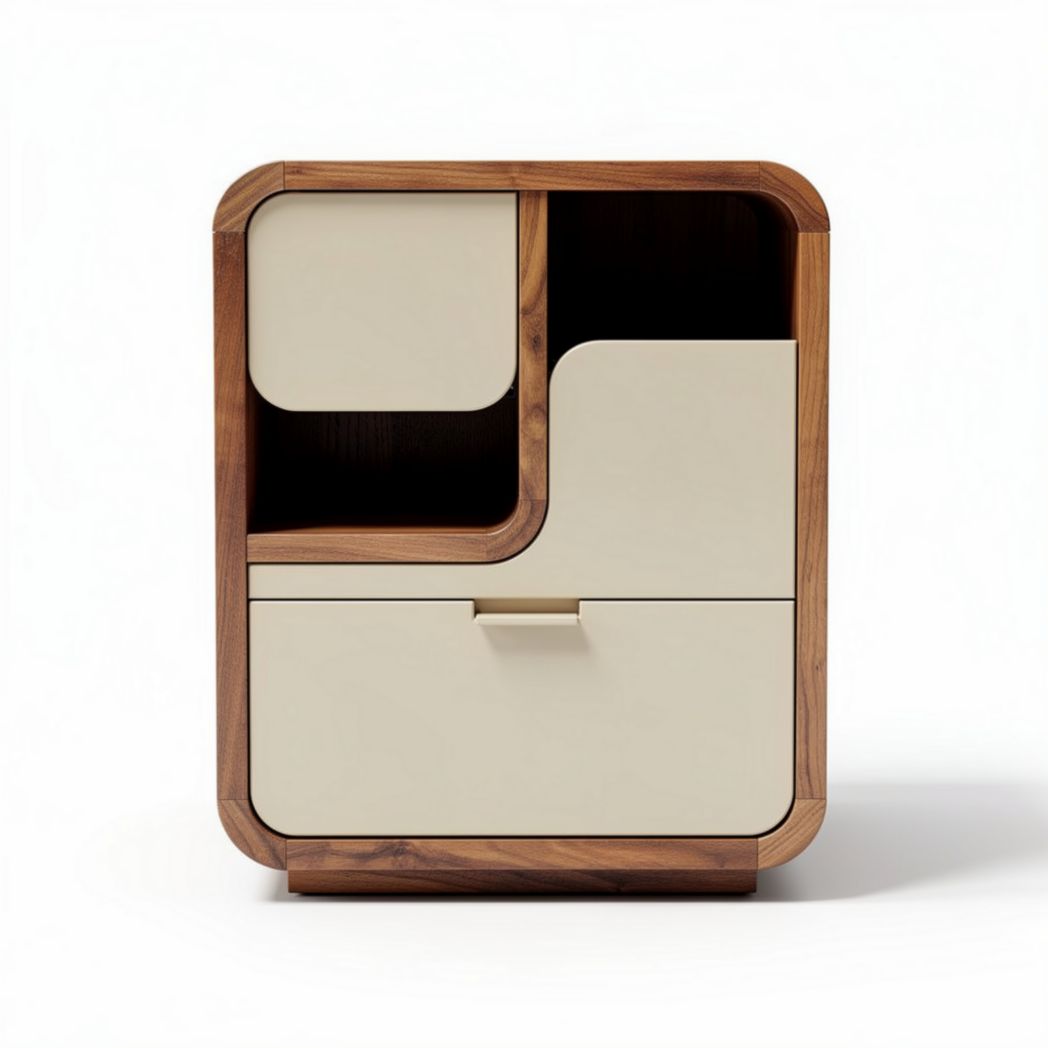 Modern wood storage cabinet with two drawers and open shelving 50 x 40 x 60cm