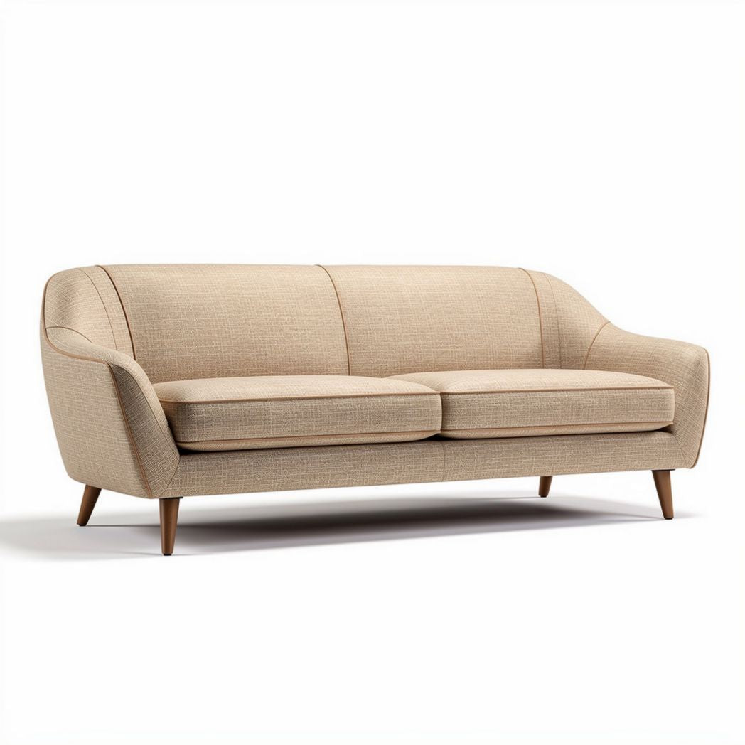 Fabric upholstered three-seater sofa in beige with wooden legs 200 x 85 x 75cm