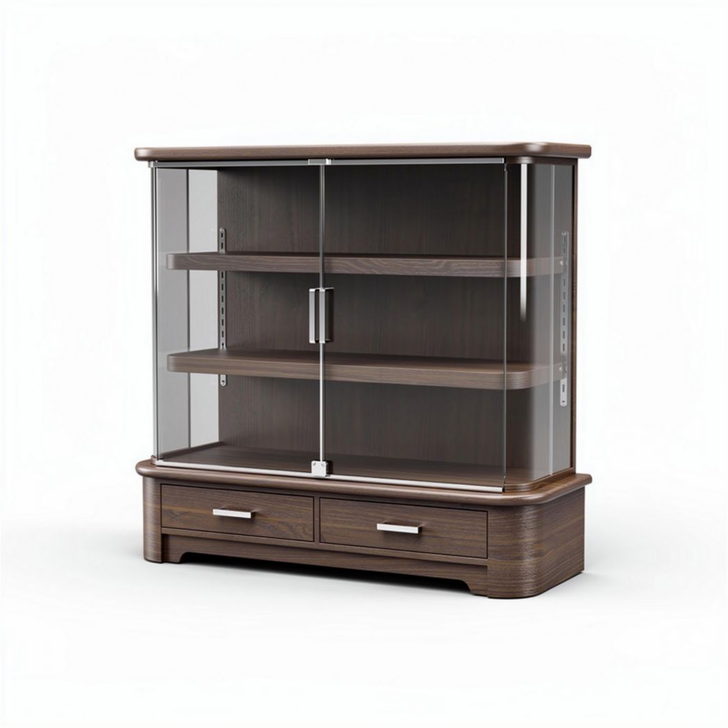 Glass display cabinet with wooden base and two drawers 120 x 40 x 180cm