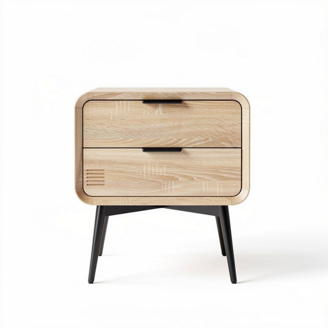Wooden nightstand with two drawers and black metal legs 45 x 40 x 50cm