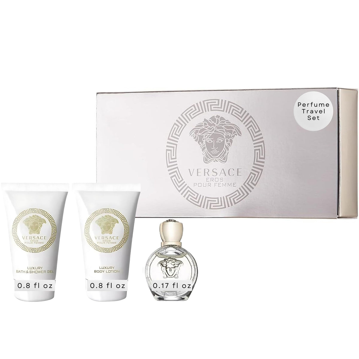 Versace Eros Pour Femme Perfume for Women Travel Mini Gift Set- EDP, Shower Gel, Body Lotion(0.17 Fl Oz)